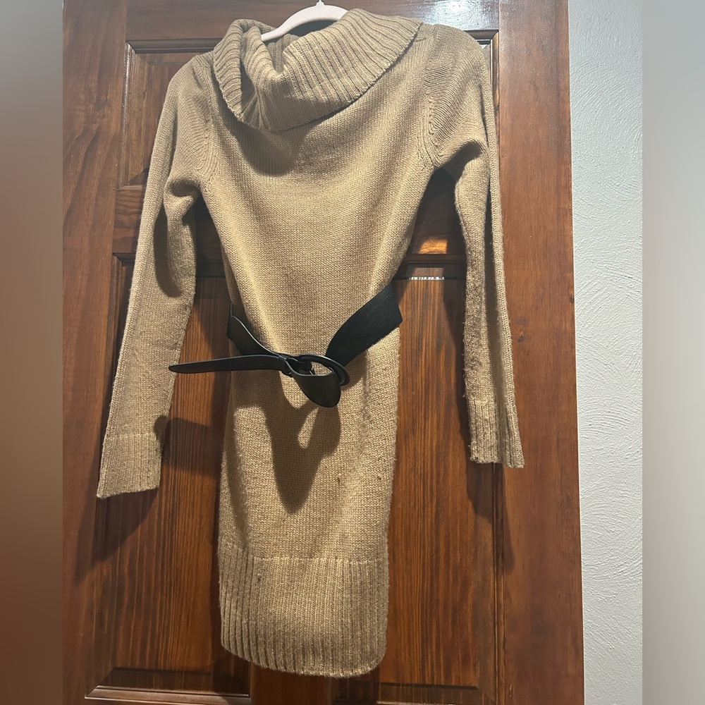 cowl neck brown sweater dress with brown belt